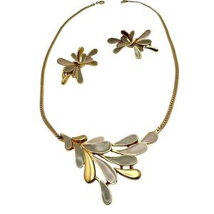 Trifari Gold-Tone Necklace Clip-On Earrings Vtg Cream Grey Green Enamel Leaf